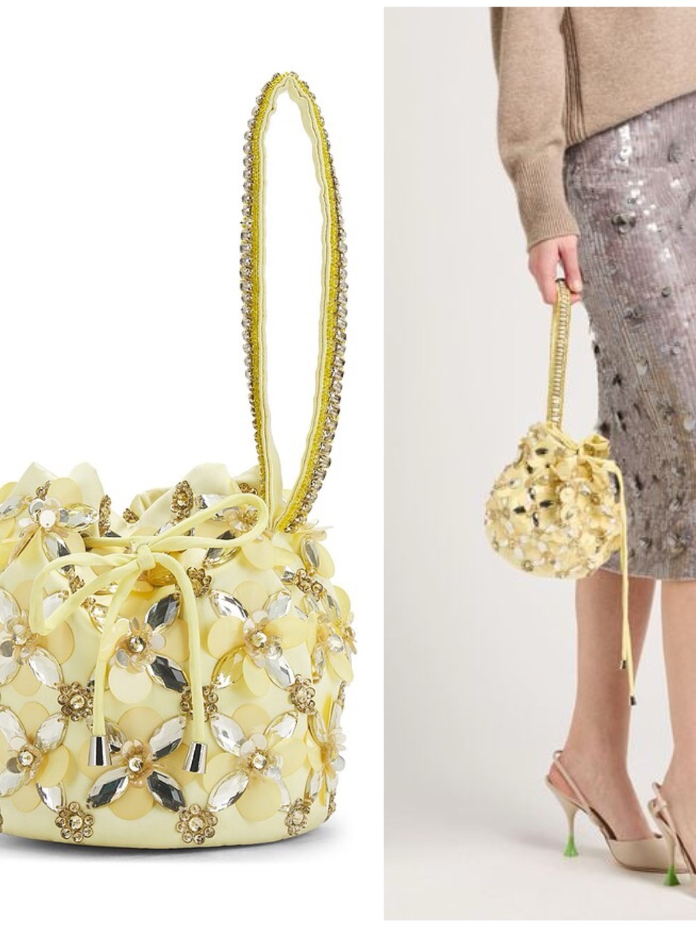 NWT Des_Phemmes Metallic Sequin Yellow Handbag Bucket Bag Drawstring Small
